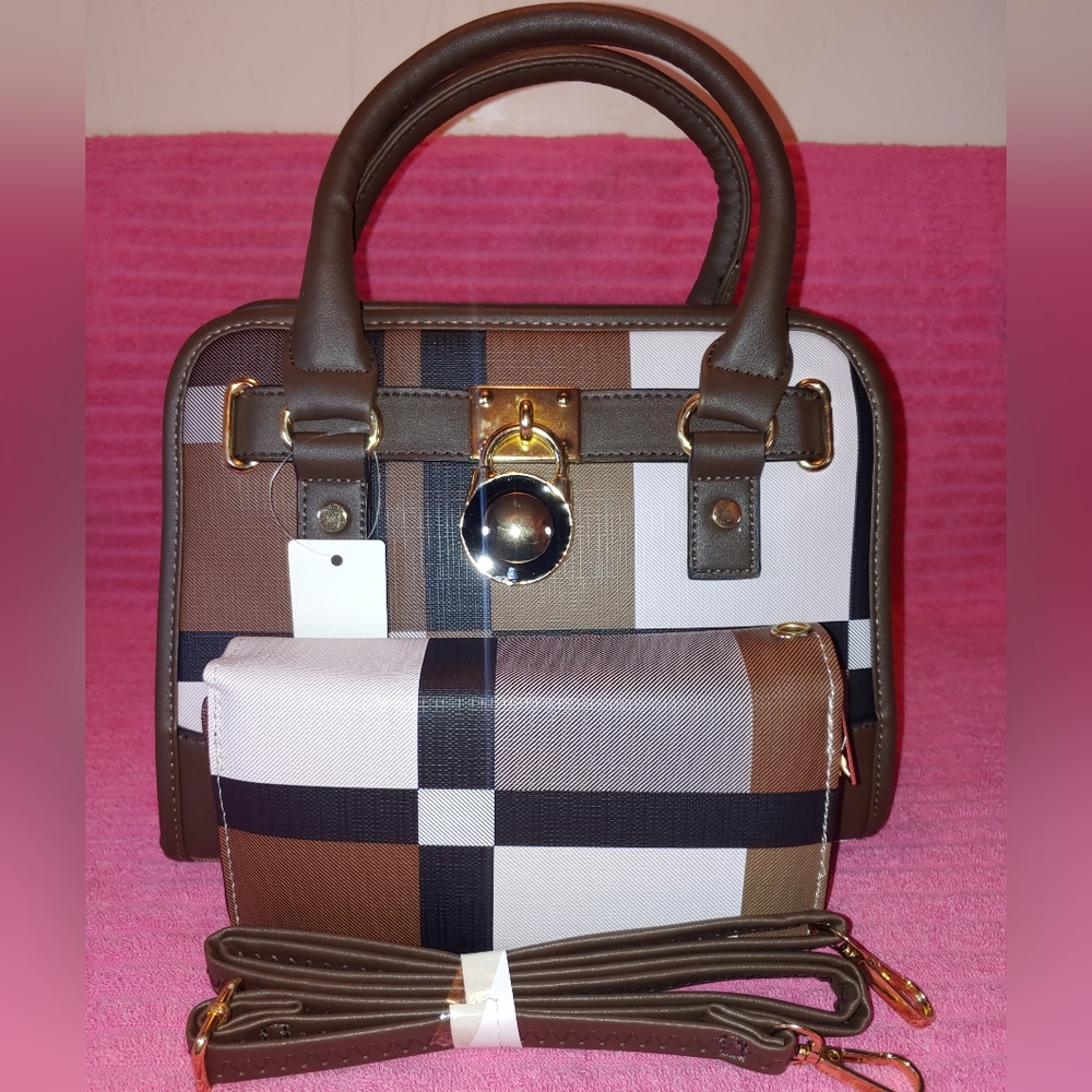 Plaid Small Handbag trimmed in Coffee Color or Chocolate Brown/Matching … - Picture 2 of 8